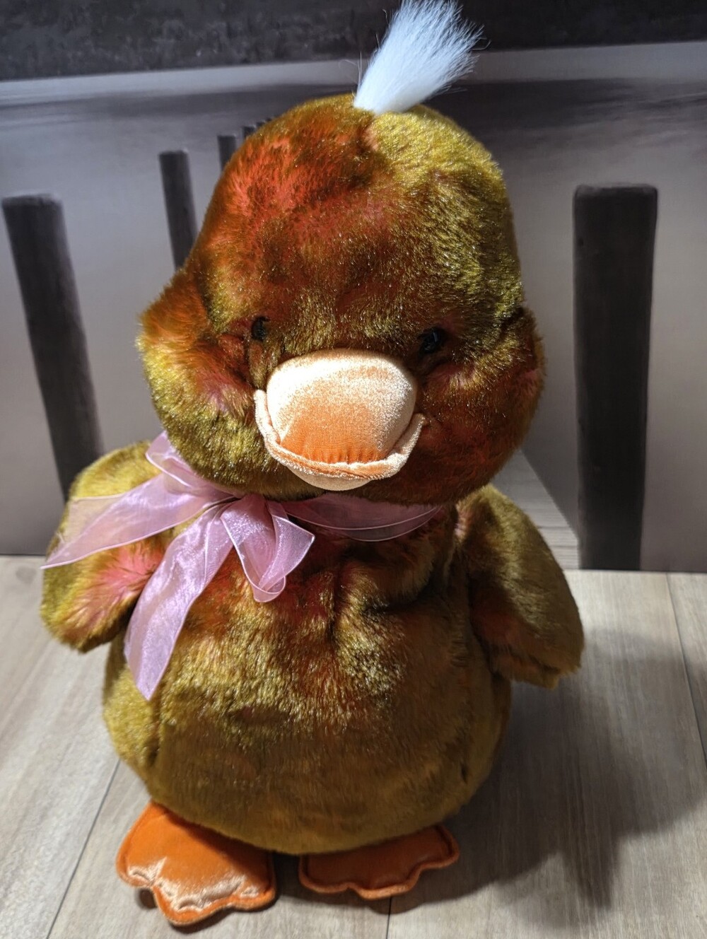 Caltoy Plush Green and Orange Duck with Pink Ribbon